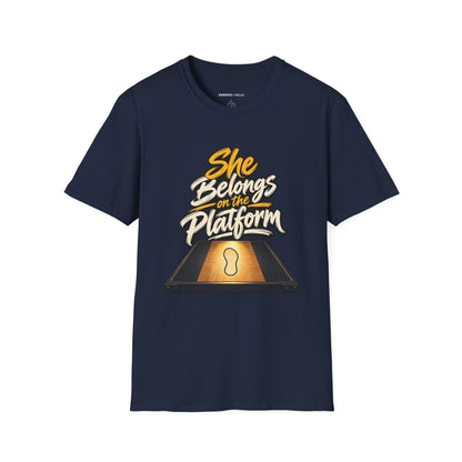 Graphic fitness T-shirt featuring the "She Belongs on the Platform" design.