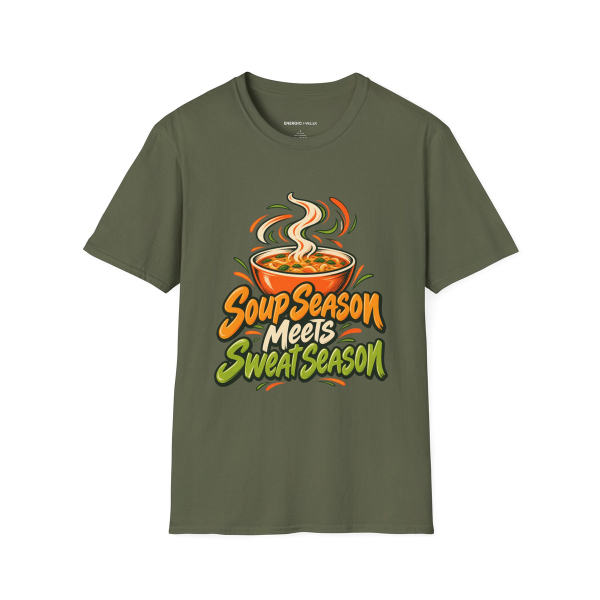 Graphic fitness T-shirt featuring the "Soup Season Meets Sweat Season" design.