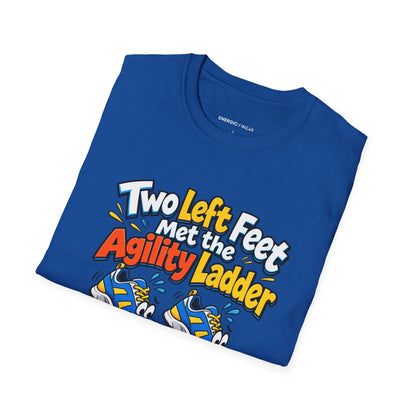 Graphic fitness T-shirt featuring the "Two Left Feet Met the Agility Ladder" design.