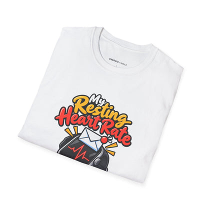 Graphic fitness T-shirt featuring the "My Resting Heart Rate Has a Work Email" design.
