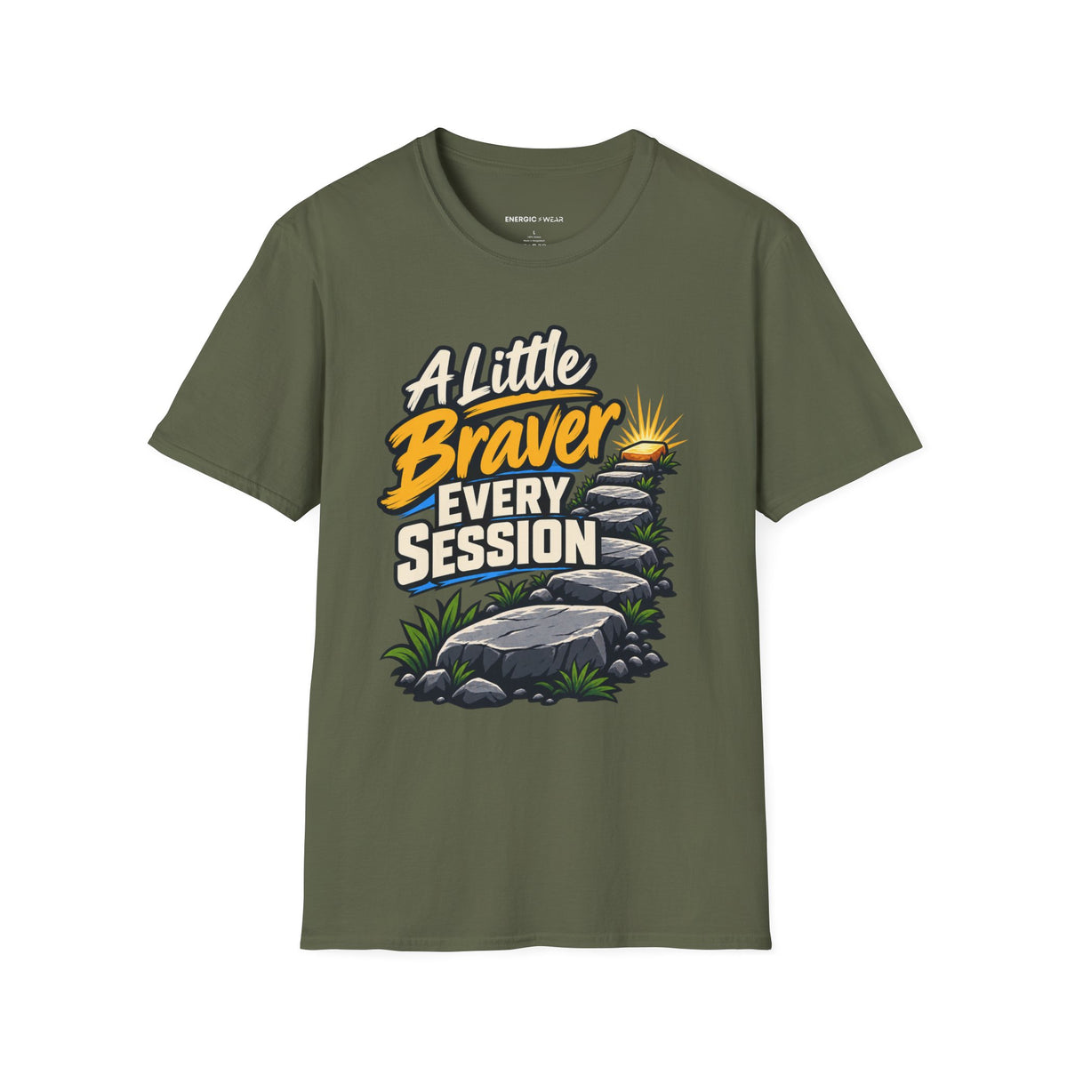 Graphic fitness T-shirt featuring the "A Little Braver Every Session" design.