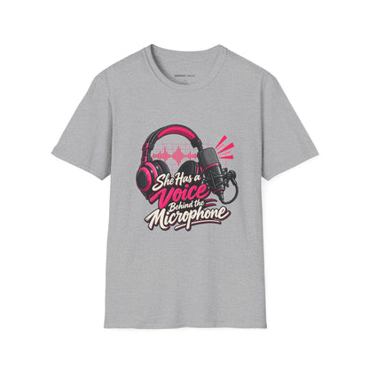 Graphic fitness T-shirt featuring the "She Has a Voice Behind the Microphone" design.