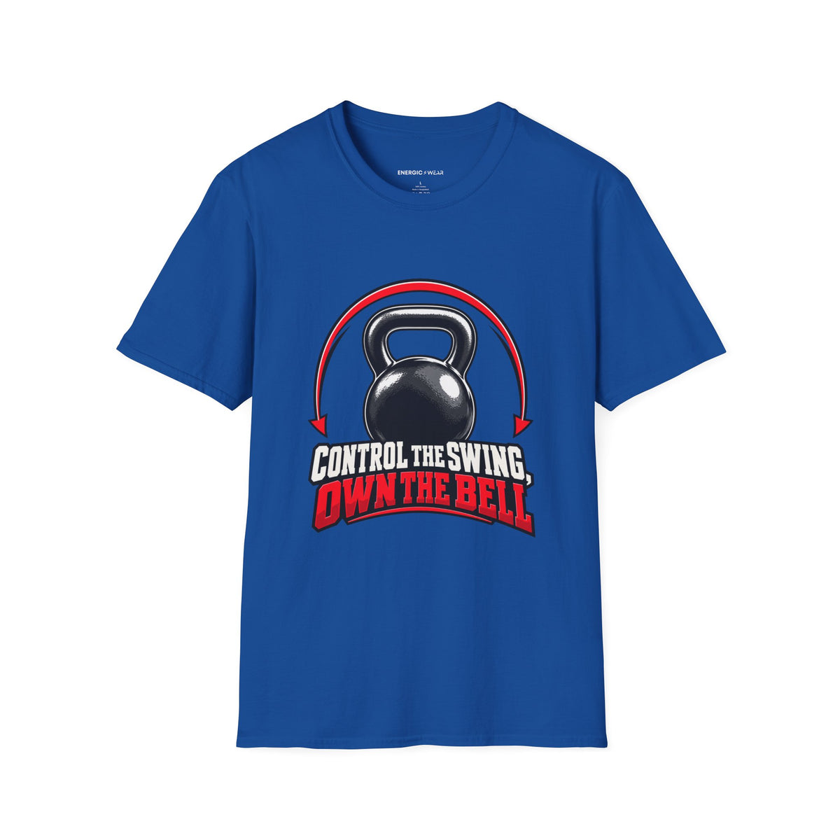 Graphic fitness T-shirt featuring the "Control the Swing Own the Bell" design.