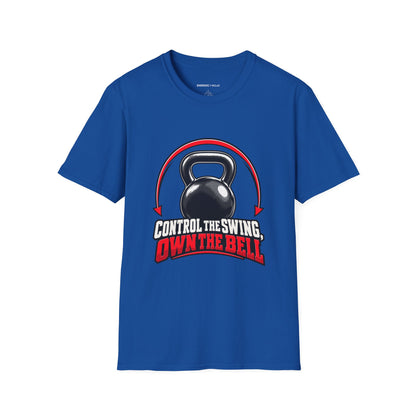 Graphic fitness T-shirt featuring the "Control the Swing Own the Bell" design.