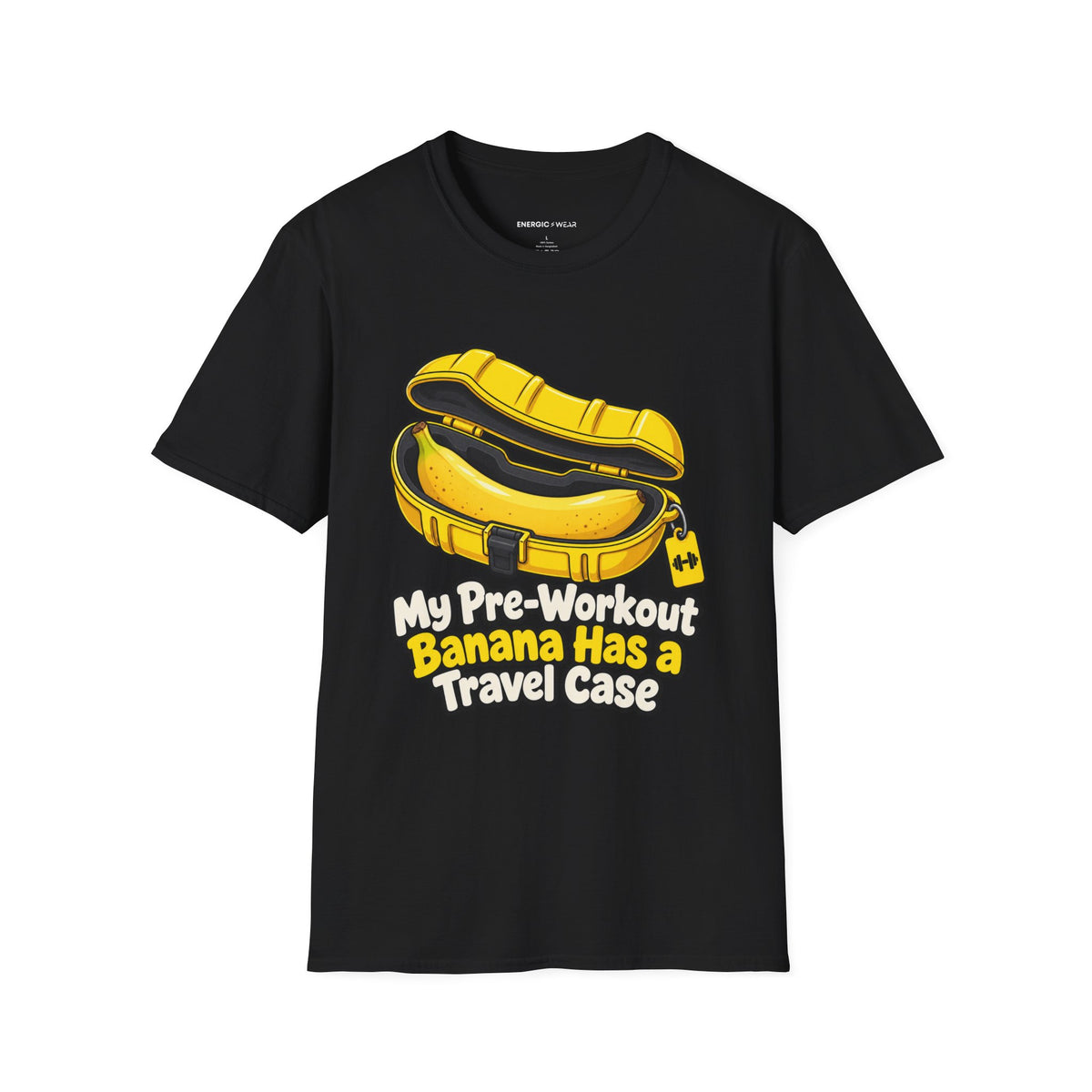 Graphic fitness T-shirt featuring the "My Pre-Workout Banana Has a Travel Case" design.