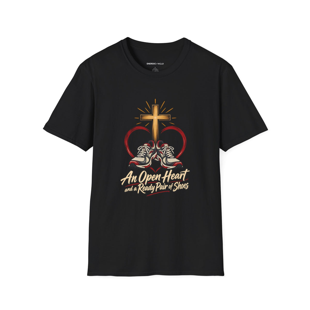 Graphic fitness T-shirt featuring the "An Open Heart and a Ready Pair of Shoes" design.