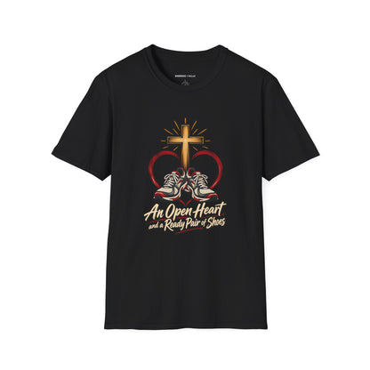 Graphic fitness T-shirt featuring the "An Open Heart and a Ready Pair of Shoes" design.