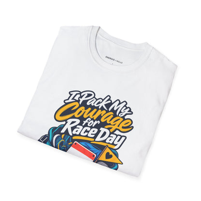 Graphic fitness T-shirt featuring the "I Pack My Courage for Race Day" design.