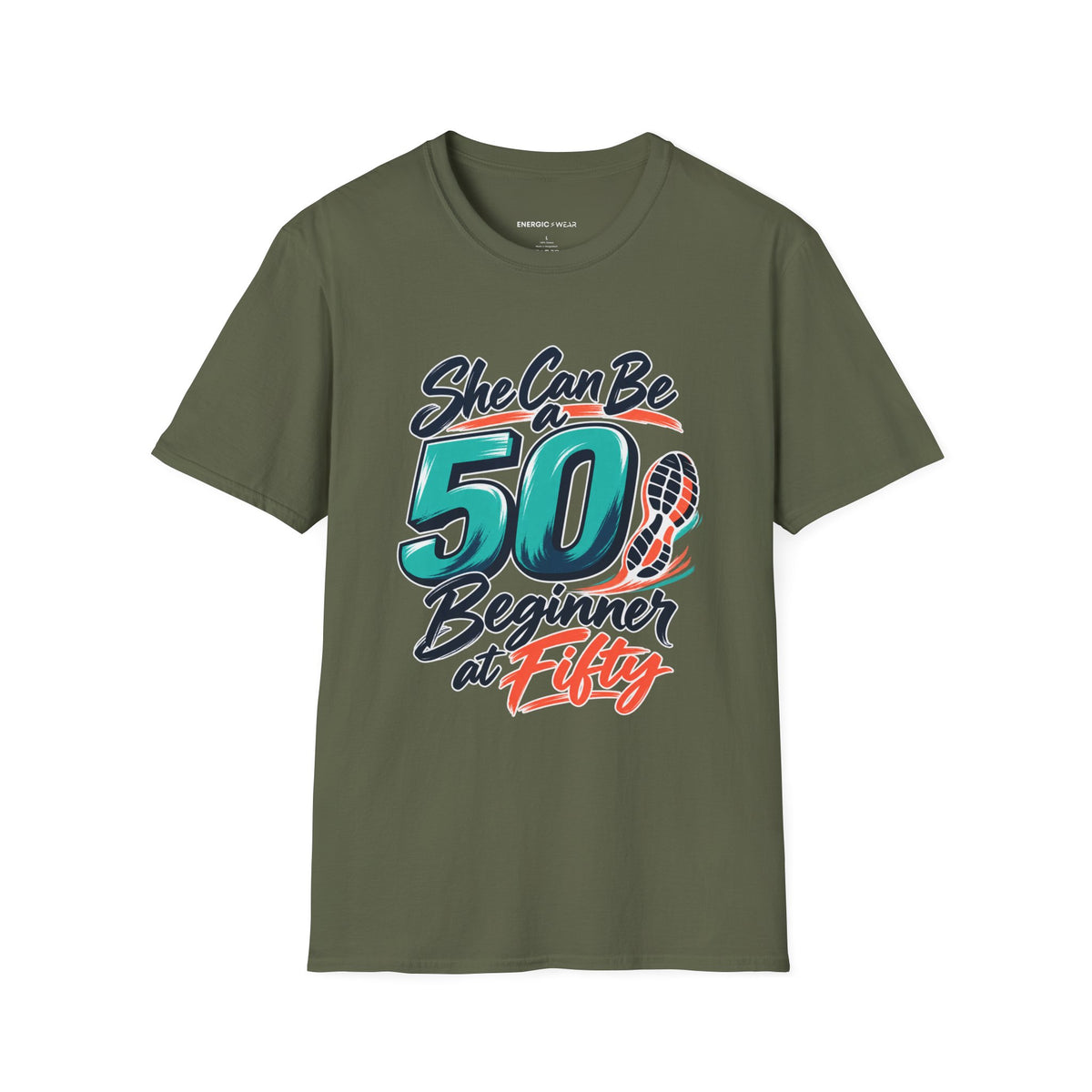 Graphic fitness T-shirt featuring the "She Can Be a Beginner at Fifty" design.