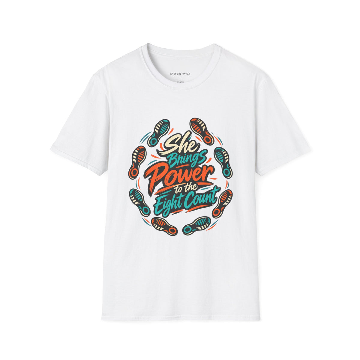 Graphic fitness T-shirt featuring the "She Brings Power to the Eight Count" design.