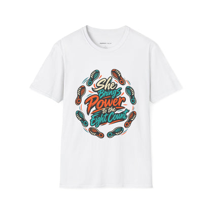Graphic fitness T-shirt featuring the "She Brings Power to the Eight Count" design.