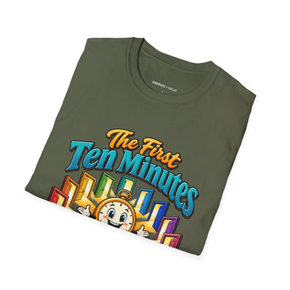Graphic fitness T-shirt featuring the "The First Ten Minutes Are an Invitation" design.