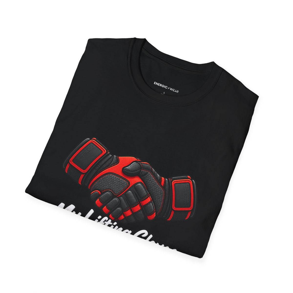 Graphic fitness T-shirt featuring the "My Lifting Gloves Have a Firm Handshake" design.