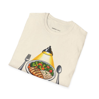 Graphic fitness T-shirt featuring the "I Plate My Food with Championship Focus" design.