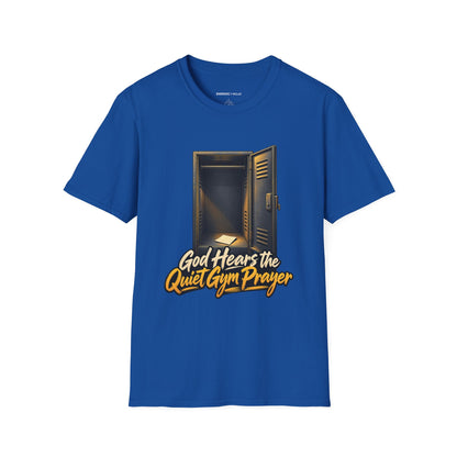 Graphic fitness T-shirt featuring the "God Hears the Quiet Gym Prayer" design.