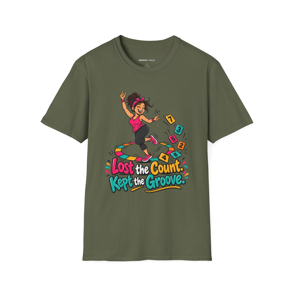 Graphic fitness T-shirt featuring the "Lost the Count, Kept the Groove" design.