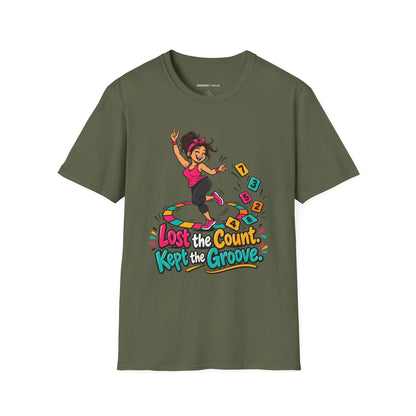 Graphic fitness T-shirt featuring the "Lost the Count, Kept the Groove" design.