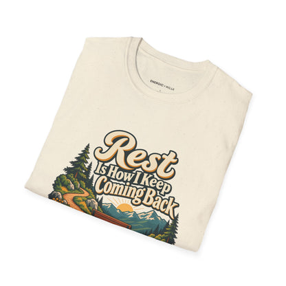 Graphic fitness T-shirt featuring the "Rest Is How I Keep Coming Back" design.