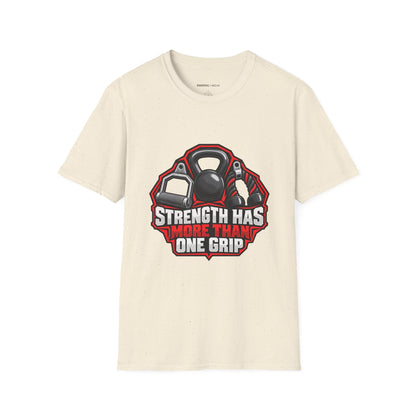 Graphic fitness T-shirt featuring the "Strength Has More Than One Grip" design.