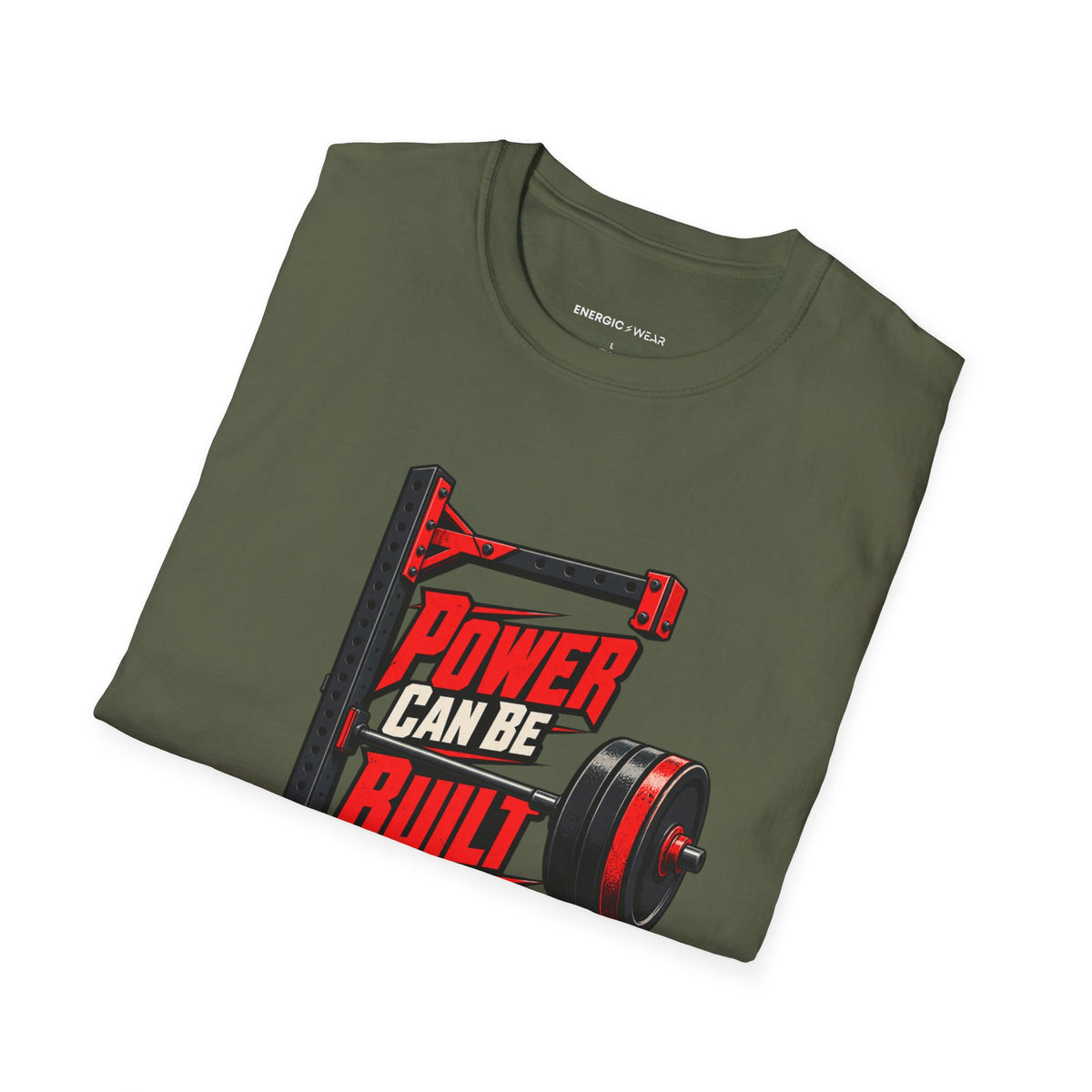 Graphic fitness T-shirt featuring the "Power Can Be Built One Side at a Time" design.