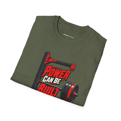 Graphic fitness T-shirt featuring the "Power Can Be Built One Side at a Time" design.