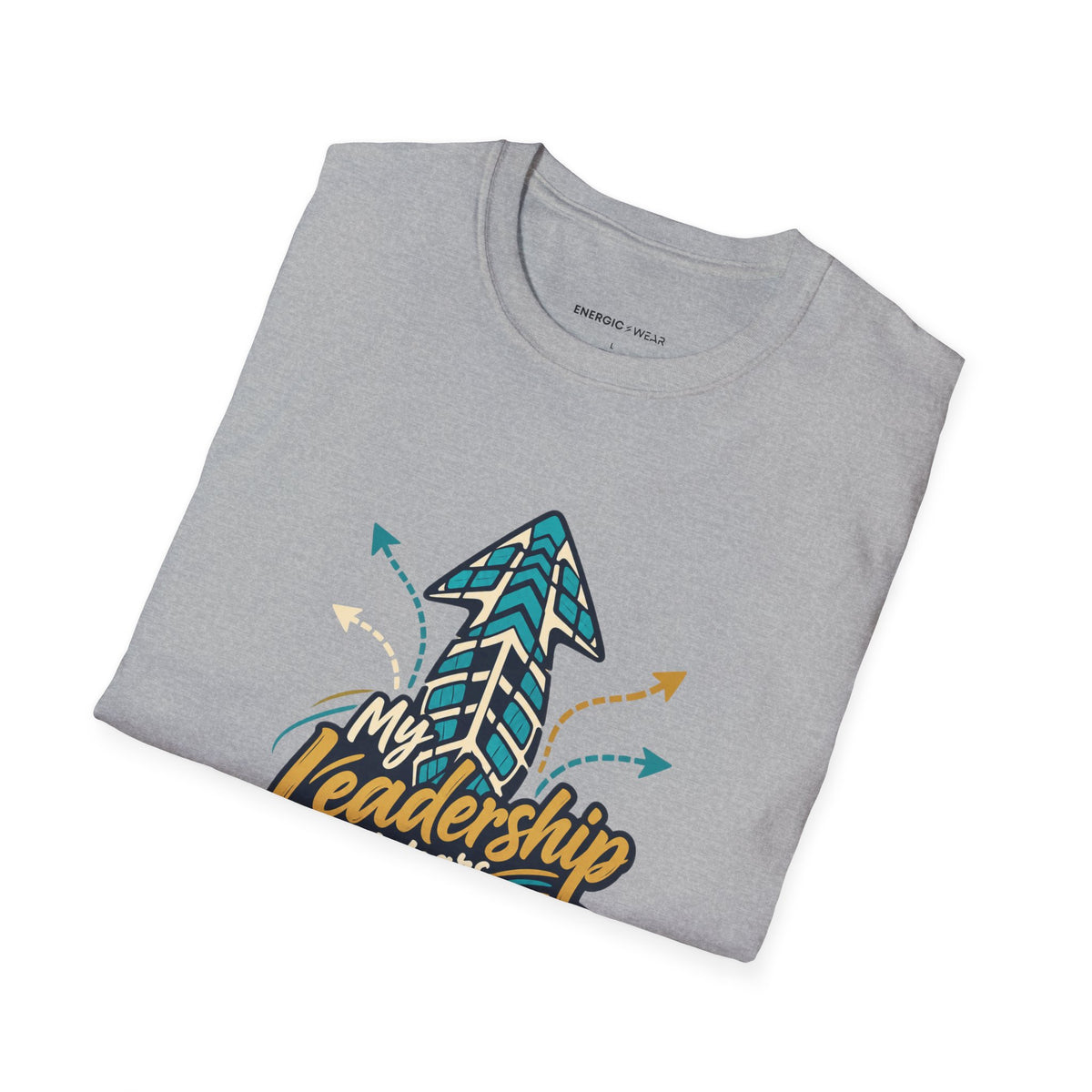 Graphic fitness T-shirt featuring the "My Leadership Wears Training Shoes" design.