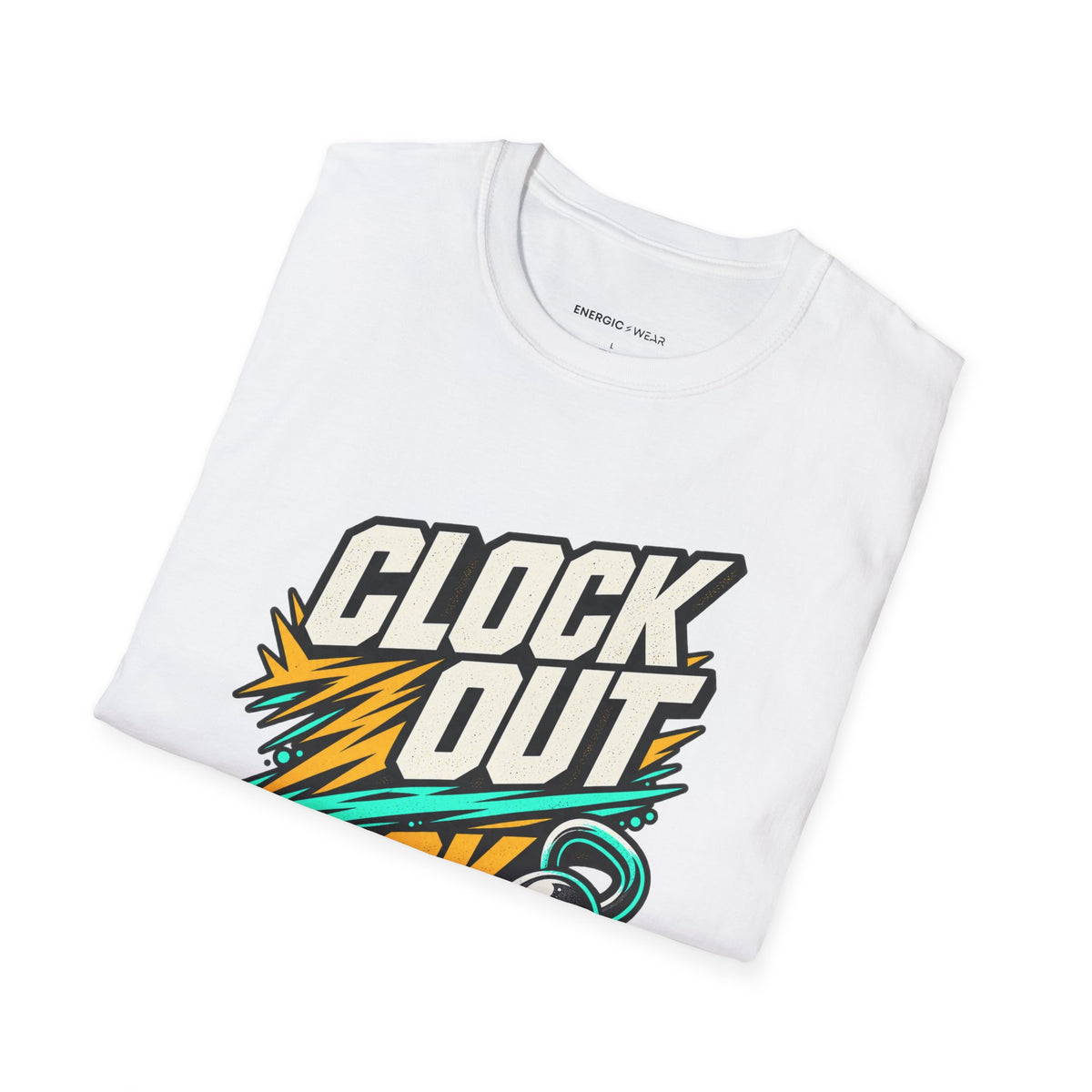 Graphic fitness T-shirt featuring the "Clock Out, Lock In" design.
