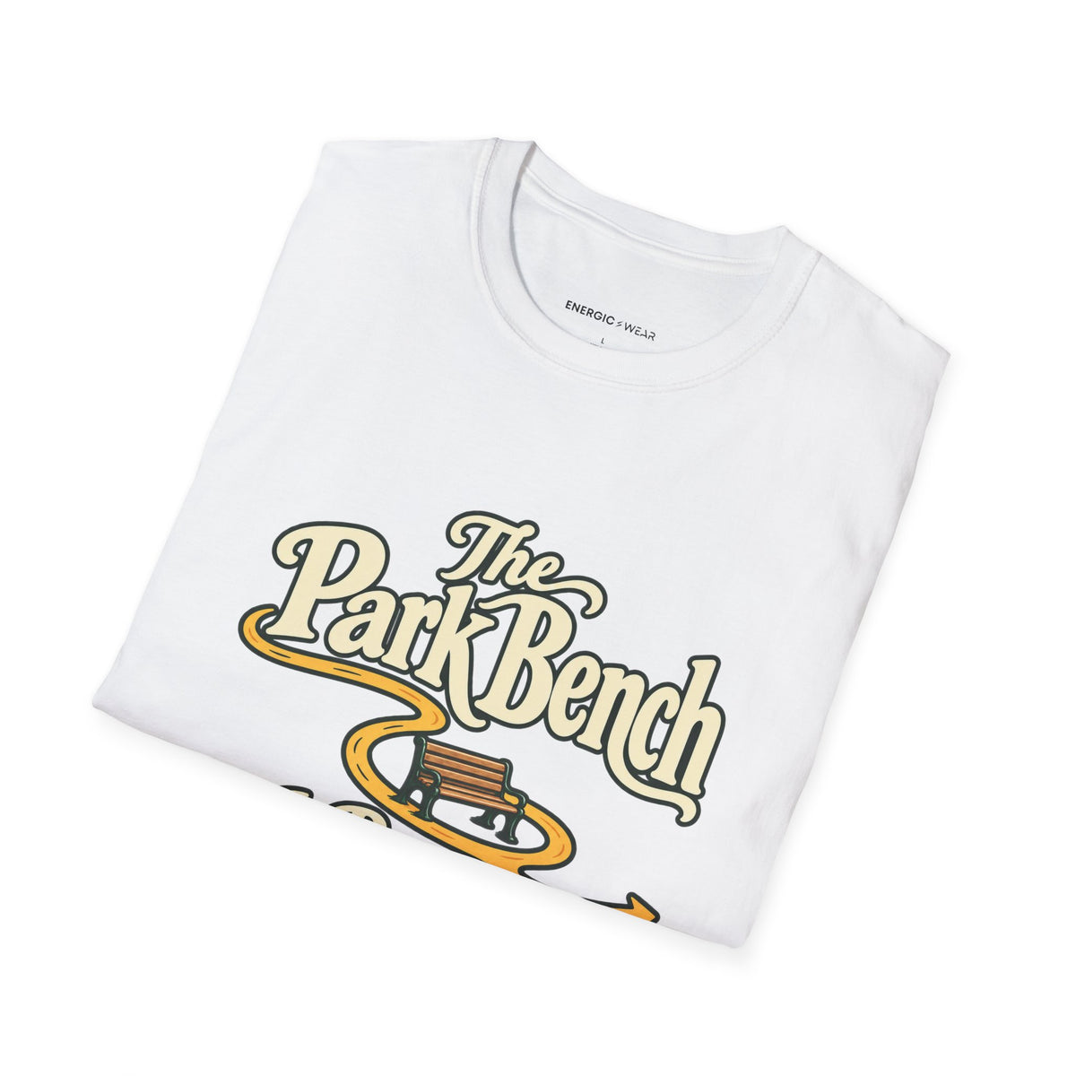 Graphic fitness T-shirt featuring the "The Park Bench Is Part of the Route" design.