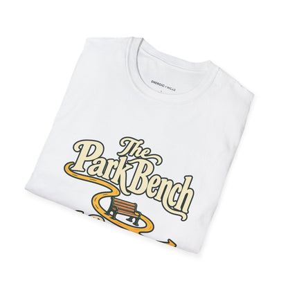 Graphic fitness T-shirt featuring the "The Park Bench Is Part of the Route" design.