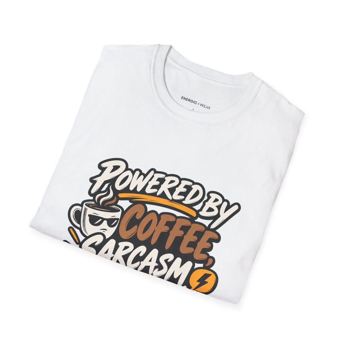 Graphic fitness T-shirt featuring the "Powered by Coffee, Sarcasm and Squats" design.