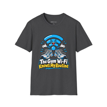 Graphic fitness T-shirt featuring the "The Gym Wi-Fi Knows My Routine" design.