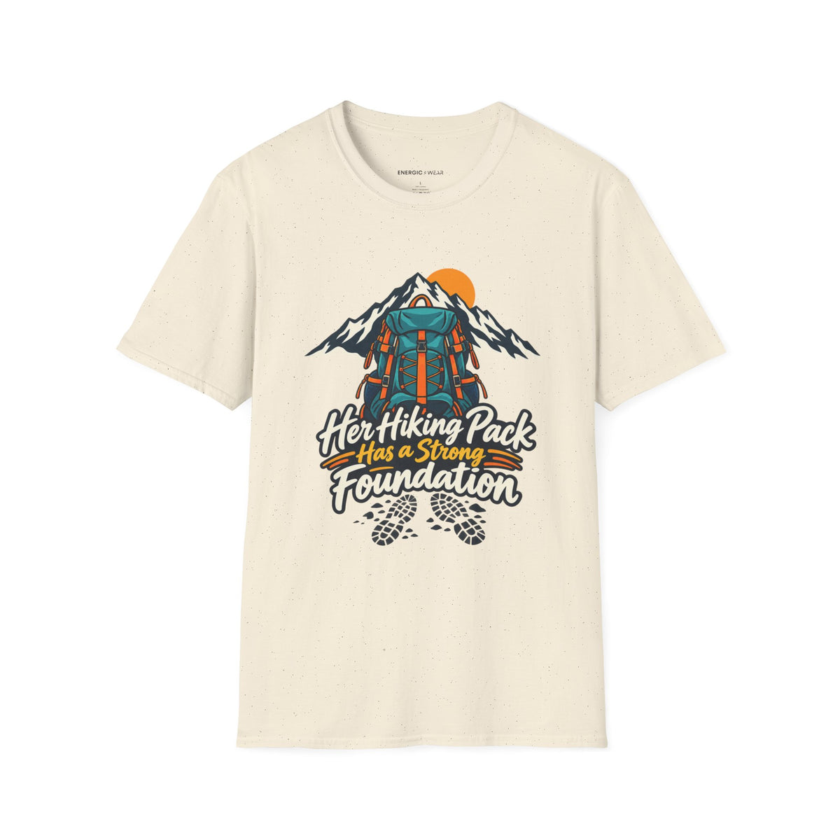 Graphic fitness T-shirt featuring the "Her Hiking Pack Has a Strong Foundation" design.
