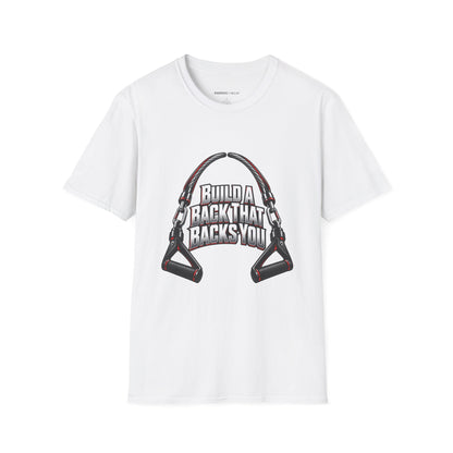 Graphic fitness T-shirt featuring the "Build a Back That Backs You" design.