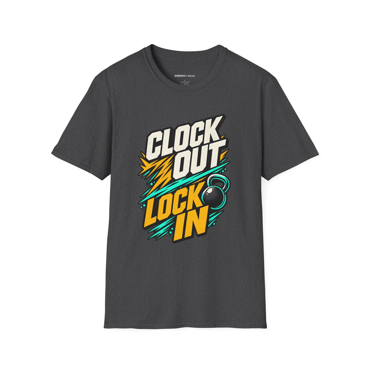 Graphic fitness T-shirt featuring the "Clock Out, Lock In" design.