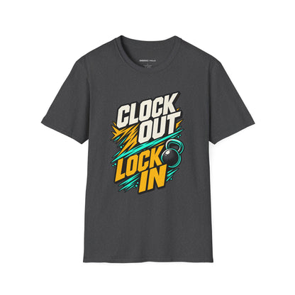 Graphic fitness T-shirt featuring the "Clock Out, Lock In" design.