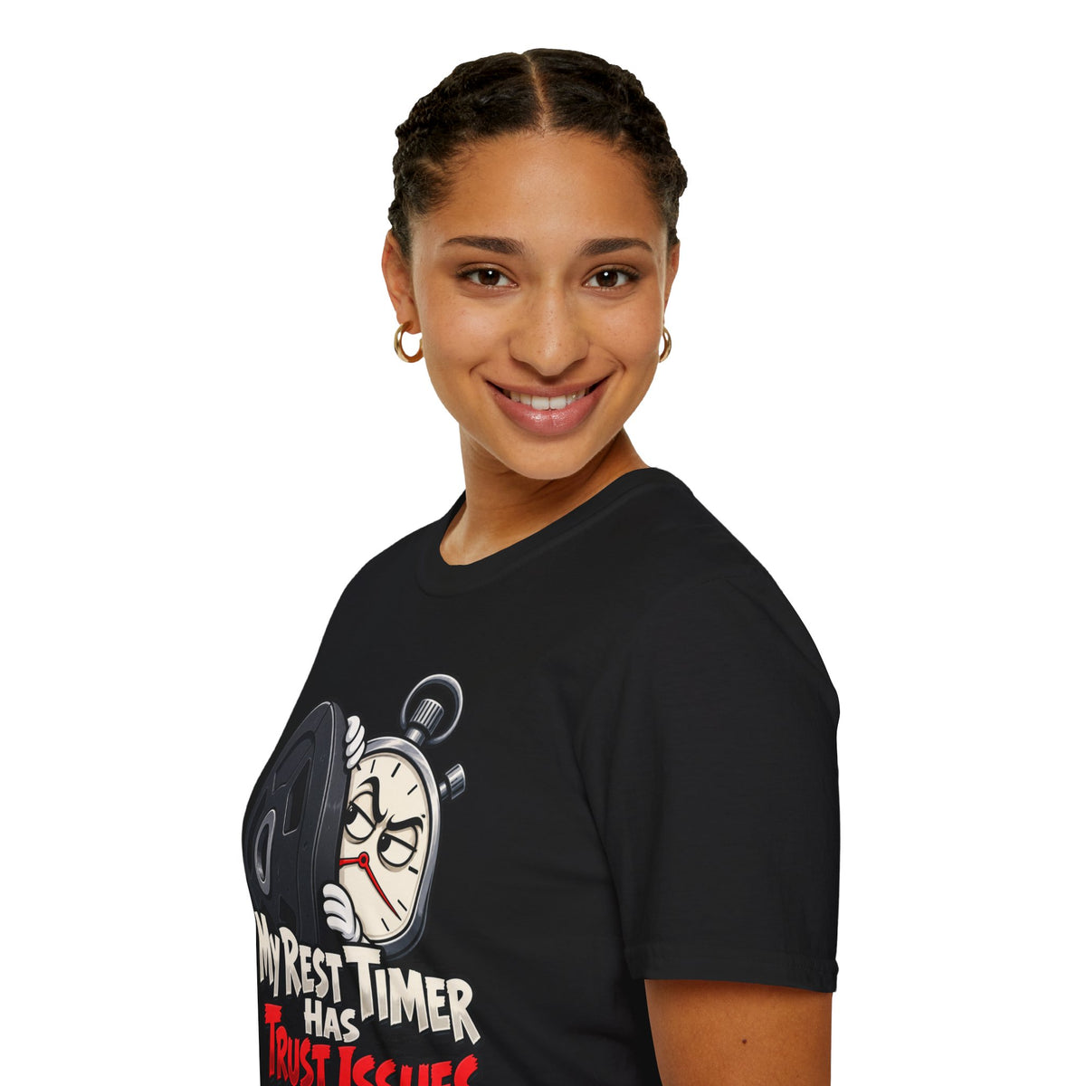 Graphic fitness T-shirt featuring the "My Rest Timer Has Trust Issues" design.