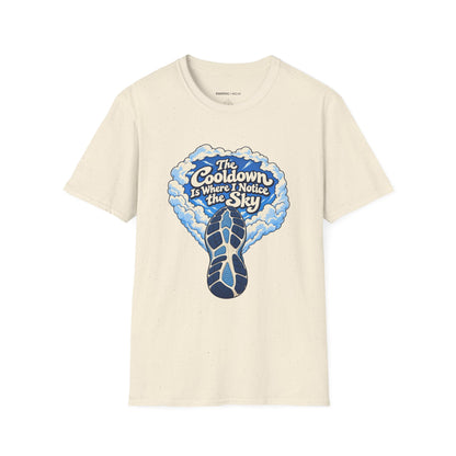 Graphic fitness T-shirt featuring the "The Cooldown Is Where I Notice the Sky" design.