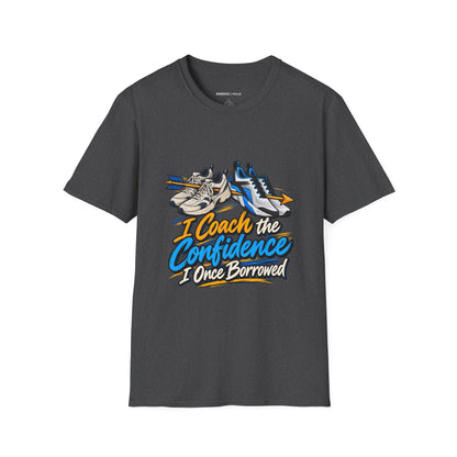 Graphic fitness T-shirt featuring the "I Coach the Confidence I Once Borrowed" design.