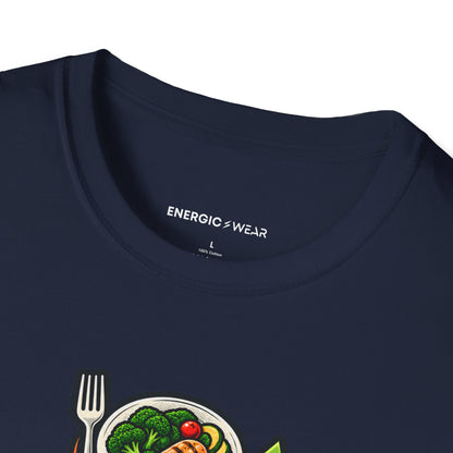 Graphic fitness T-shirt featuring the "Built Between Meals" design.