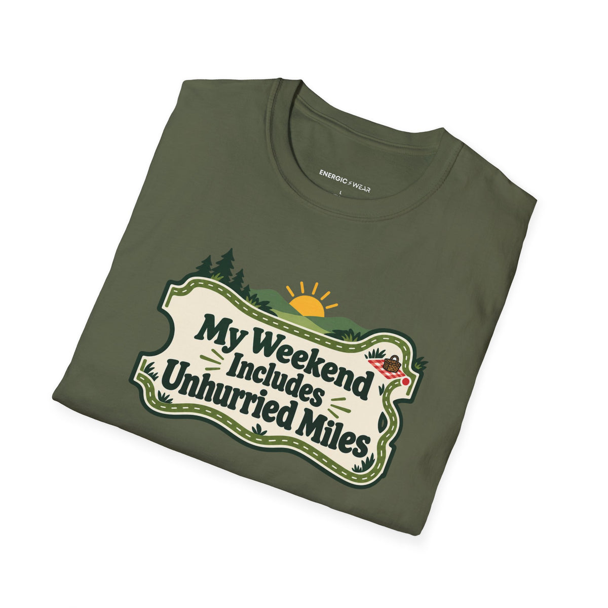 Graphic fitness T-shirt featuring the "My Weekend Includes Unhurried Miles" design.