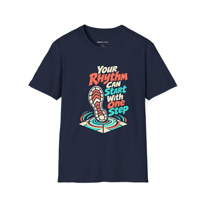 Graphic fitness T-shirt featuring the "Your Rhythm Can Start With One Step" design.