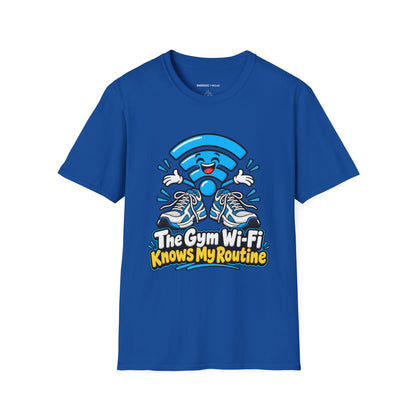 Graphic fitness T-shirt featuring the "The Gym Wi-Fi Knows My Routine" design.