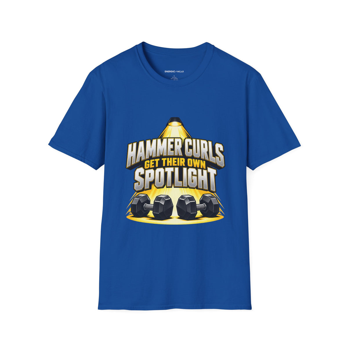 Graphic fitness T-shirt featuring the "Hammer Curls Get Their Own Spotlight" design.