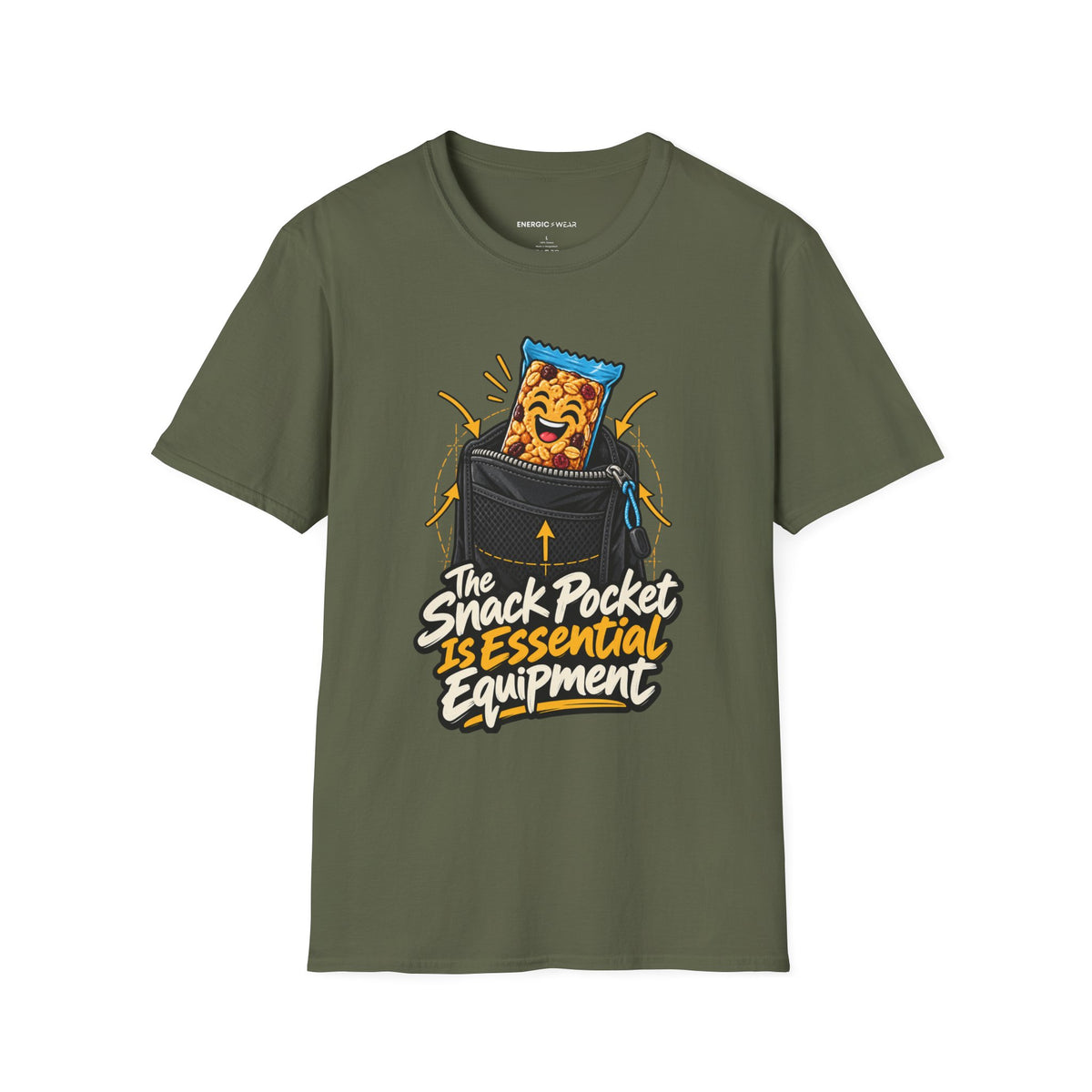 Graphic fitness T-shirt featuring the "The Snack Pocket Is Essential Equipment" design.