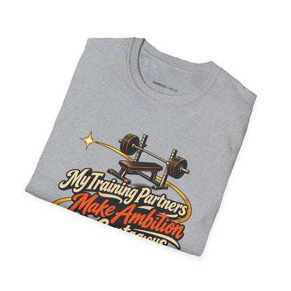 Graphic fitness T-shirt featuring the "My Training Partners Make Ambition Contagious" design.
