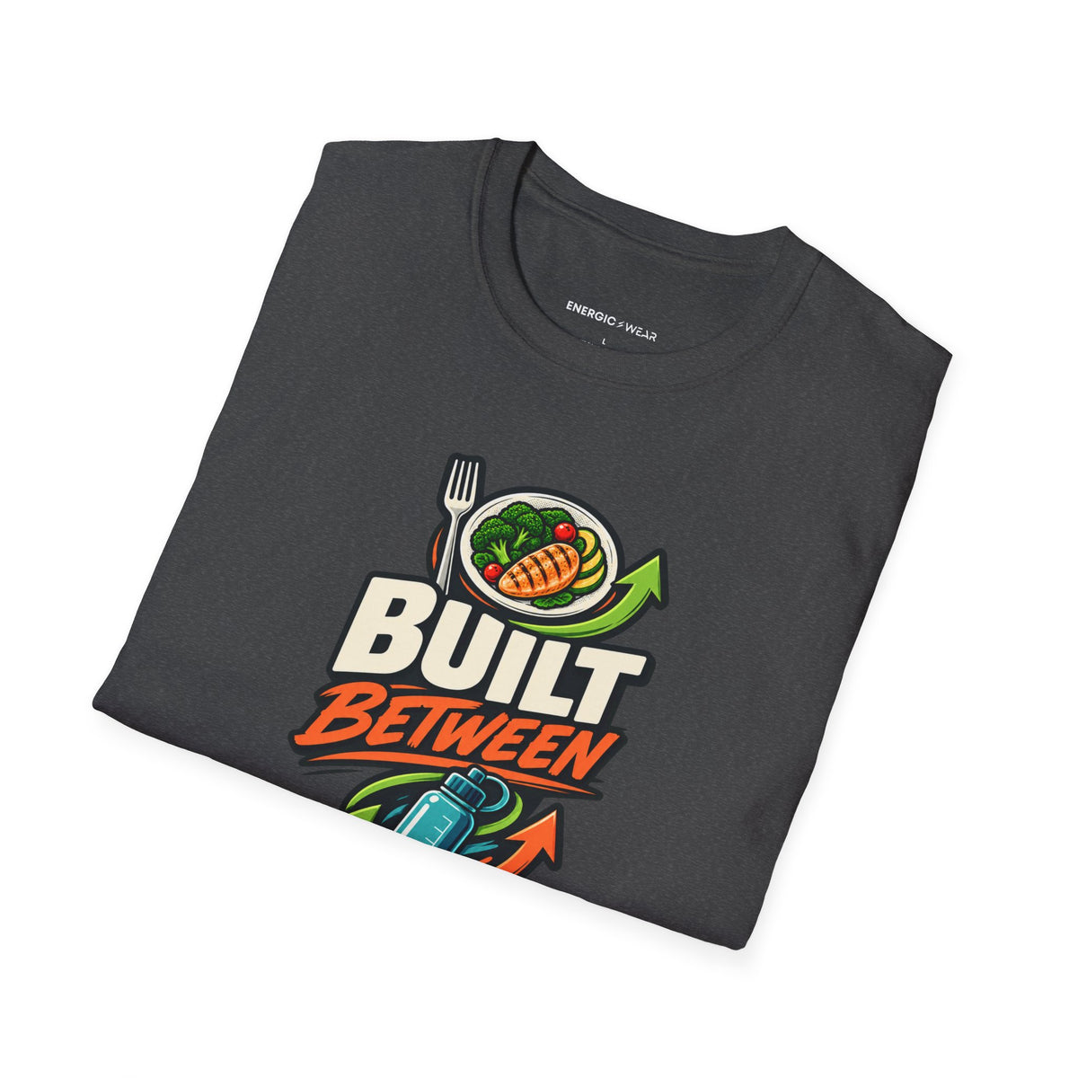 Graphic fitness T-shirt featuring the "Built Between Meals" design.
