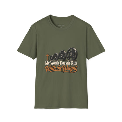 Graphic fitness T-shirt featuring the "My Worth Doesn t Rise With the Weight" design.