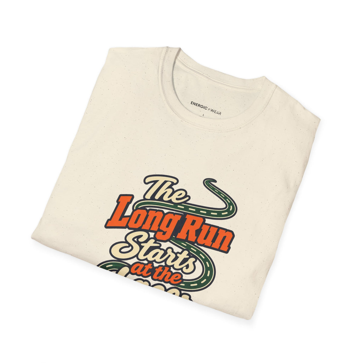 Graphic fitness T-shirt featuring the "The Long Run Starts at the Laces" design.