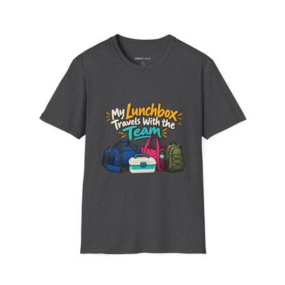 Graphic fitness T-shirt featuring the "My Lunchbox Travels With the Team" design.