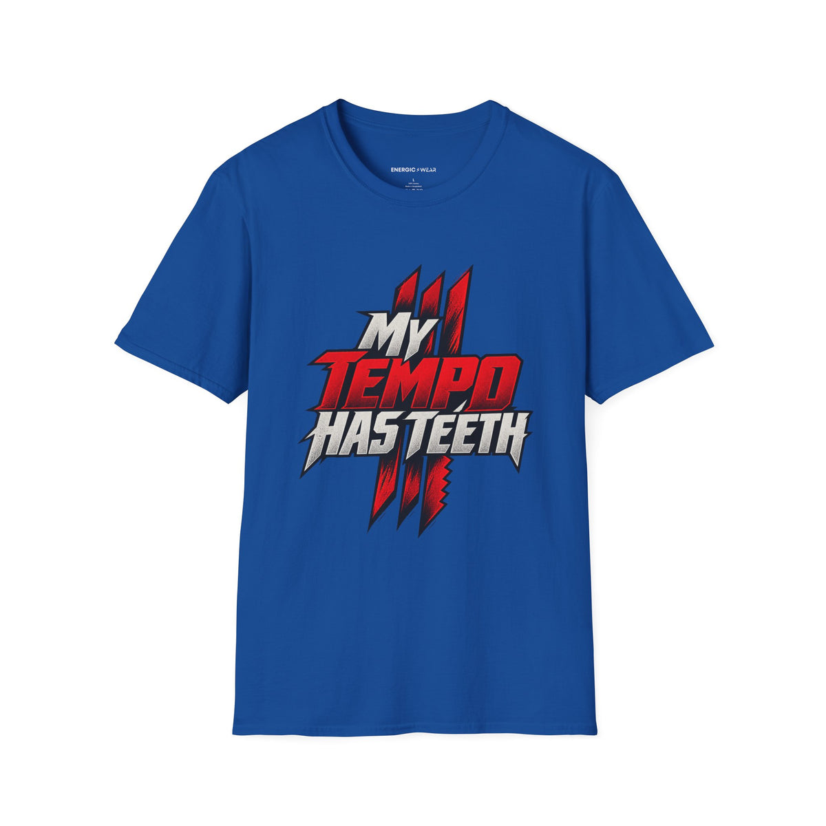 Graphic fitness T-shirt featuring the "My Tempo Has Teeth" design.